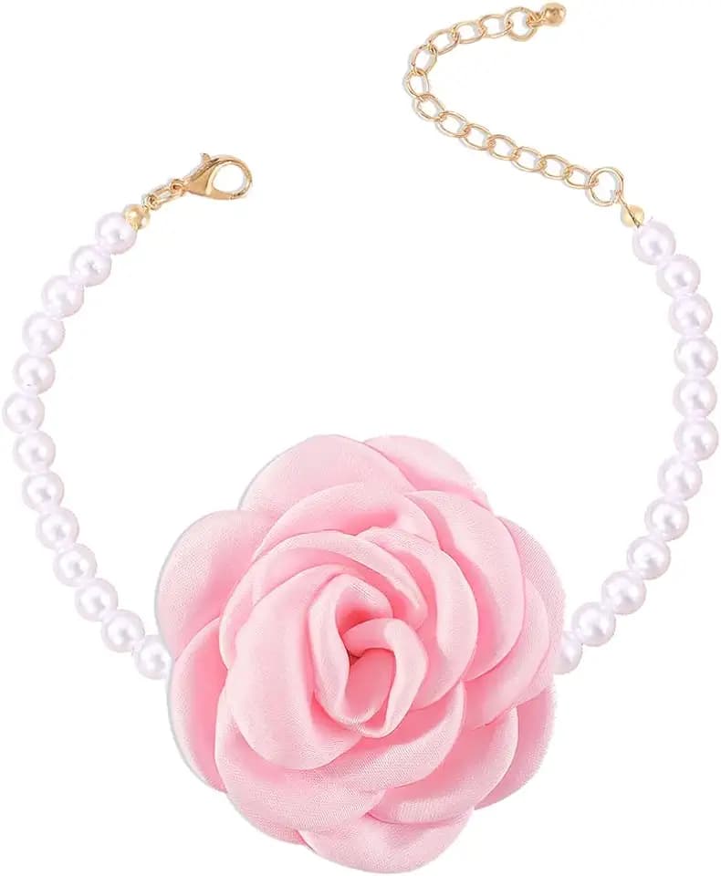 Flower Choker Pearl Necklace for Women Fabric Rose Flower Clavicle Choker Necklace Jewelry Colorful Camellia Necklace