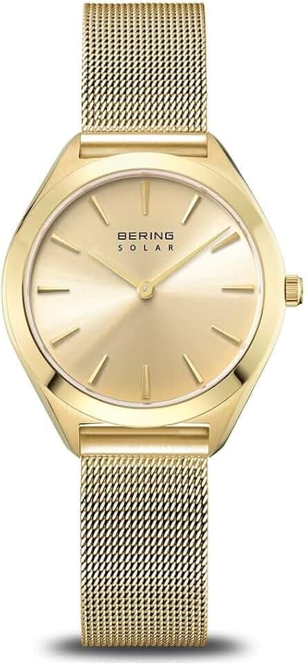 Bering Damen Solar-Quarz Uhr | Armbanduhr 35 mm goldenes Edelstahlgehäuse und goldenes Zifferblatt | Milanaisearmband | Saphierglas | 5 ATM | 17331-333