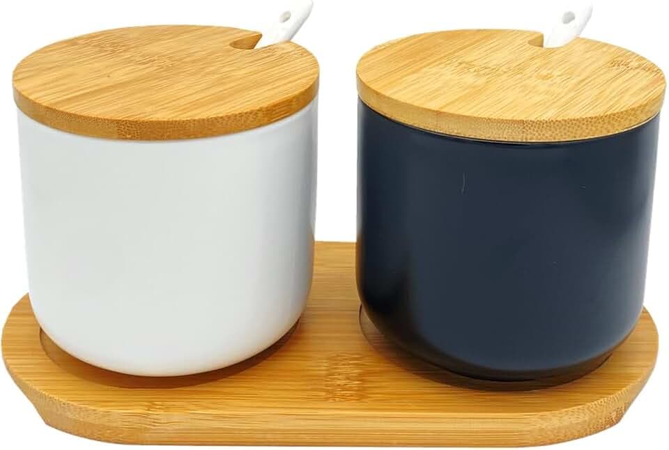 2er Set Keramik Gewürzdosen Salztopf - Höhe 10cm Keramik Zuckerdose Gewürzgläser mit Löffel und Deckel für Tee Zucker Salz Gewürze Kaffee (Schwarz und weiß)