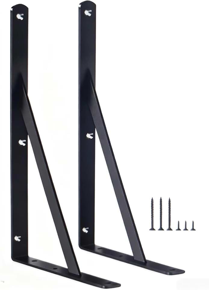 2 Pack L12 x H 8" Black Heavy Duty Shelf Brackets with Screws Metal Shelf Brackets Shelf Support Angle Brackets for Shelves L Brackets Heavy Duty Floating Shelf