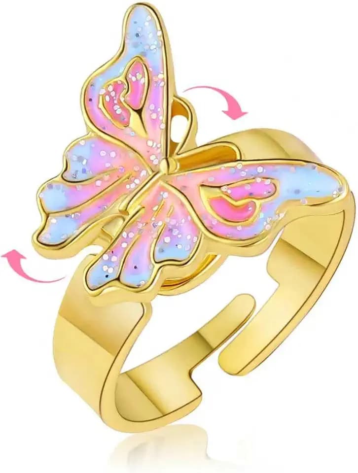 Butterfly Spinning Rings for Kids 18K Real Gold Plated Adjustable Fidget Rings for Anxiety Mood Ring with Shinning Colorful Rainbow Pink Cute Butterfly Gifts for Little Girl Teens