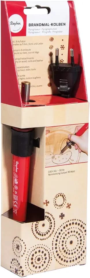 Rayher Brandmal-Kolben, kleiner, handlicher Brennstab für Brandmalerei auf Holz, Kork oder Leder, inklusiv 9 verschiedene Brennaufsätze und 1 Ablageböckchen, 89766000