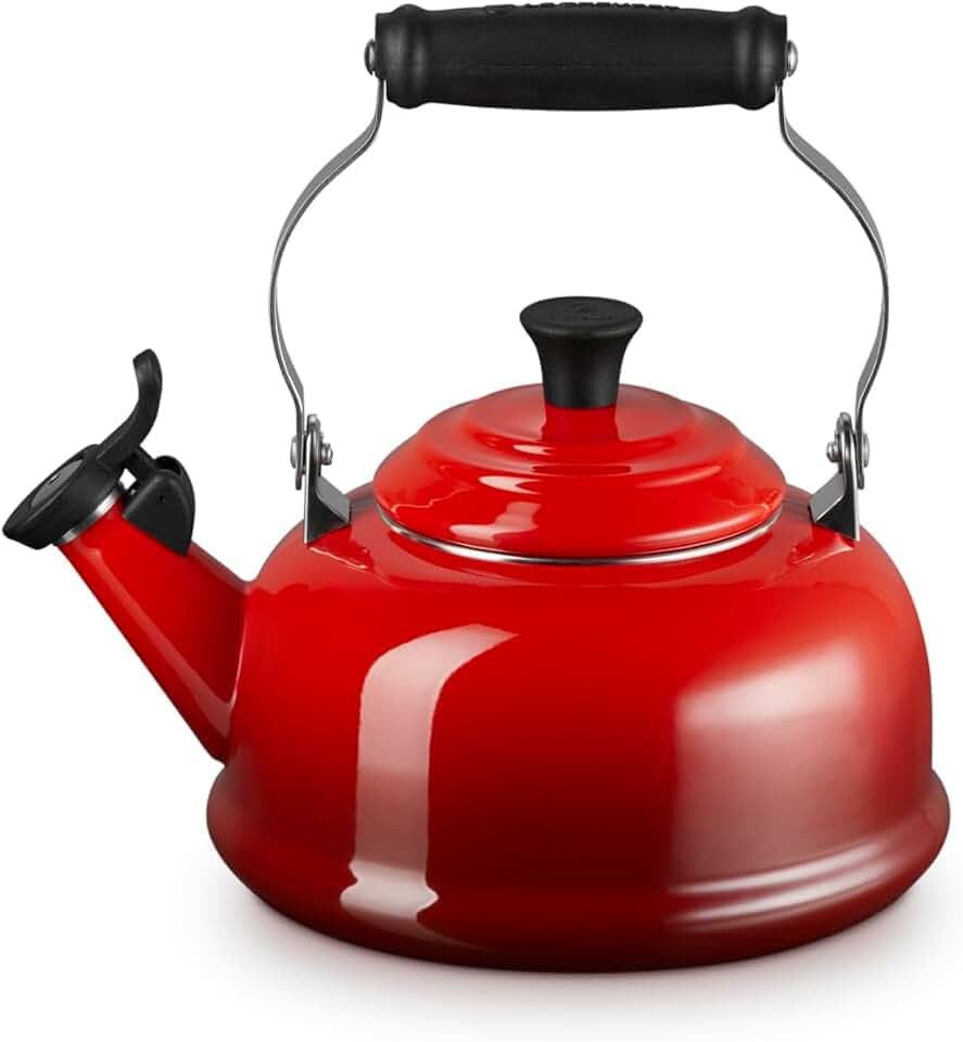 Le Creuset Enamel On Steel Whistling Tea Kettle, 1.7 qt., Cerise/Black Knob