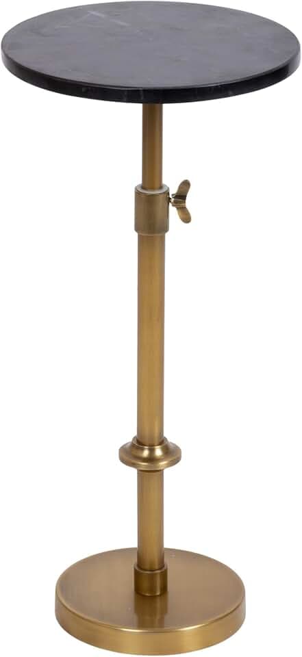 Kate and Laurel Engles Traditional Adjustable-Height Pedestal Drink Table, 10 x 10 x 30, Black Marble and Antique Brass, Vintage Round Indoor Metal Plant Stand with Authentic Marble Tabletop