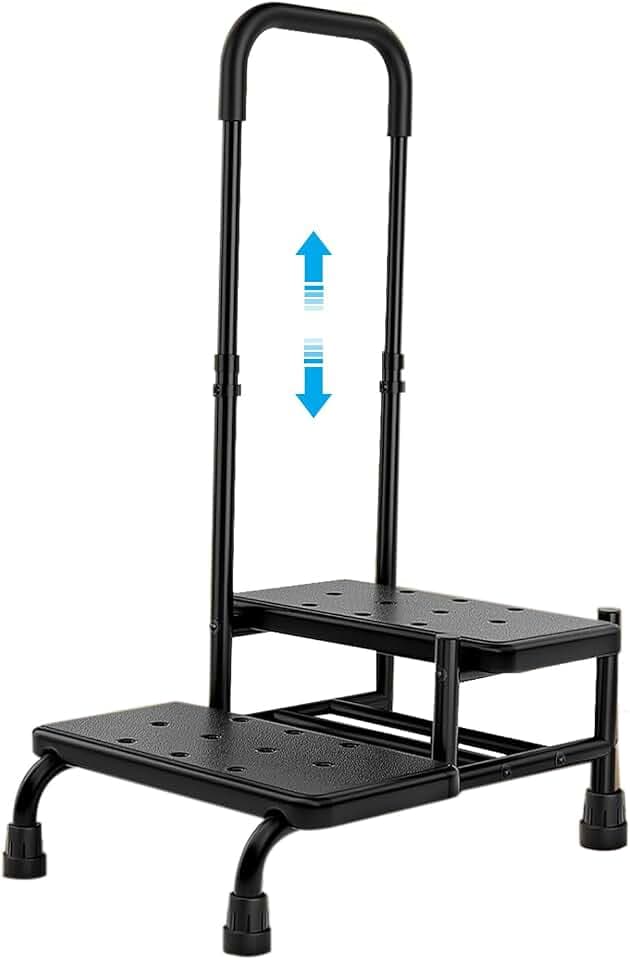 Tritthocker mit Haltegriff, Doppeltrittstufe bis 160 kg, Trittleiter mit Rutschfester Trittfläche, Sicherheitstritt SECURA für Erwachsene, ältere Menschen und Kinder in Küche, Bad und Hau
