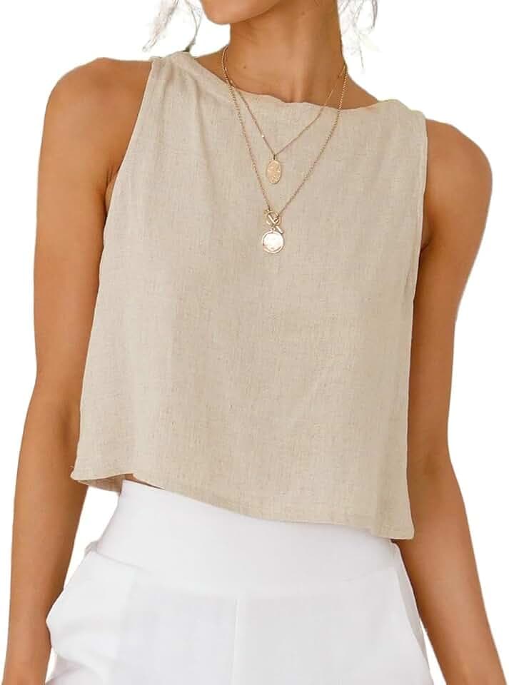 Kinghua Womens Linen Crop Tops Summer Casual Loose Cotton Linen Sleeveless Tank Top