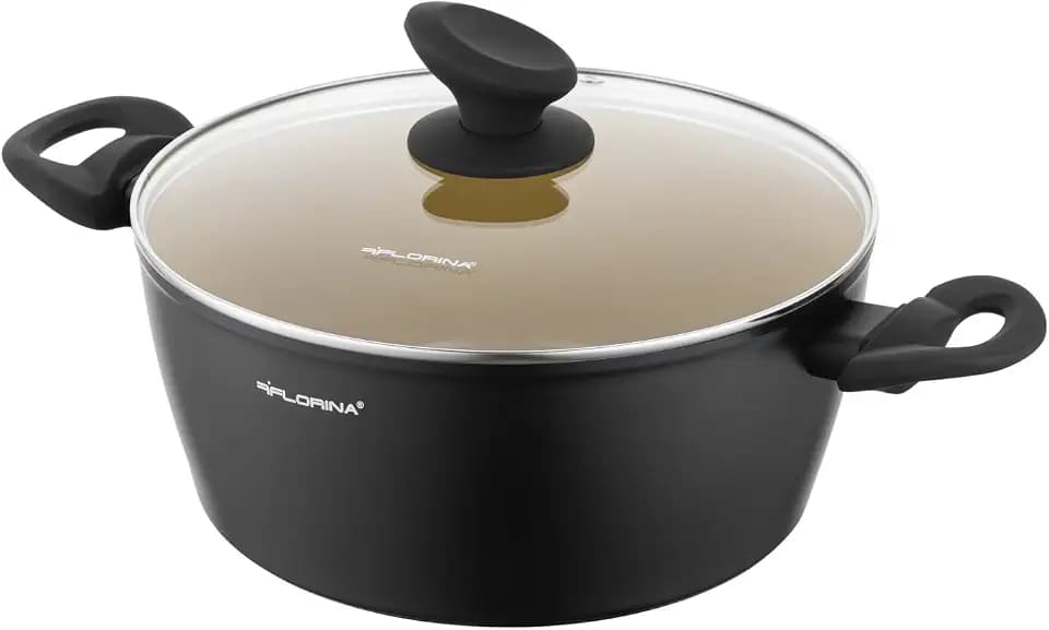 FLORINA AMVEGAN Aluminiumtopf 24 cm I 3,6L I Hohe Haltbarkeit I Glasdeckel I Olivenöl-Keramikbeschichtung I Einfaches Kochen & Spülen I Für alle Herdarten I Originales Design