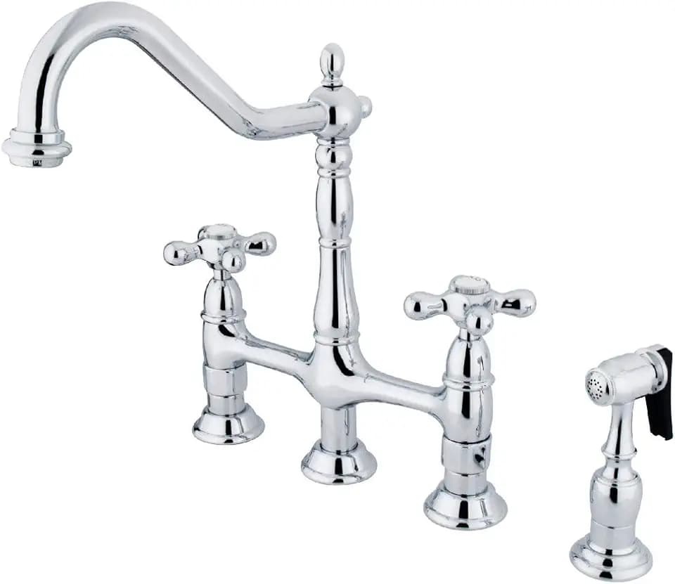 Kingston KS1271AXBS Bridge Kitchen Faucet w/Brass Sprayer,Polished Chrome