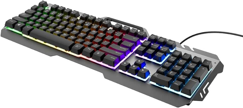 Trust GXT 853 Esca Gaming Tastatur mit Hintergrundbeleuchtung, kabelgebunden, Metallic-Außenseite, RGB-LED-Regenbogen-Effekt, Membran, spanisches QWERTY-Layout, PC, Computer