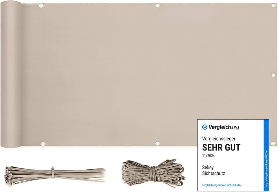 Sekey Balkon Sichtschutz Balkonabdeckung Balkonverkleidung blickdichte Wind- und UV-Schutz, 100% Privatsphäre, mit Ösen, Nylon Kabelbinder und Kordel, 90 x600cm Taupe