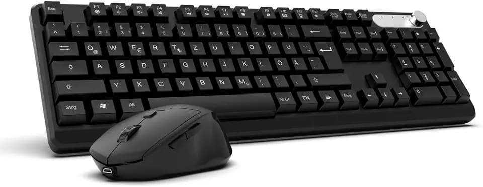 inca IWS-549U Kabelloses Tastatur Maus, Wiederaufladbar Leise mit Type-C & USB Empfänger, Wireless QWERTZ Full-Size Keyboard 106 Tasten & 1600 DPI Silent Mouse, Multimedia, Windows kompatibel