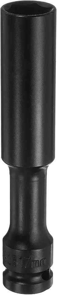 HARFINGTON Deep Thin Wall Impact Socket 17mm Metric 6 Point Socket 1/2" Square Drive 5" Extra Long Phosphated CR-V Steel Industrial Grade Spindle Axle Nut Socket, Black