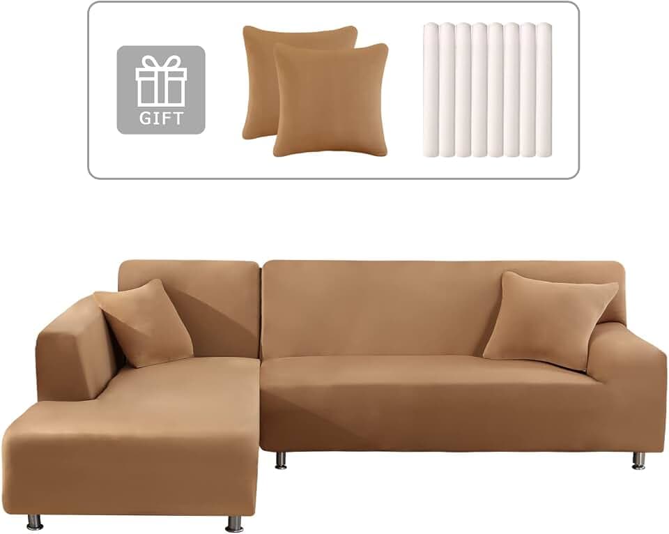 Lydevo Sofabezug Ecksofa L Form Sofa Überwürfe Stretch Sofabezug L Form Rechts oder Links mit Zwei Kissenbezügen Waschbar Universal-Couchbezug L Form Sofa Cover L Shape(3 Sitzer+3 Sitzer,Kamel)