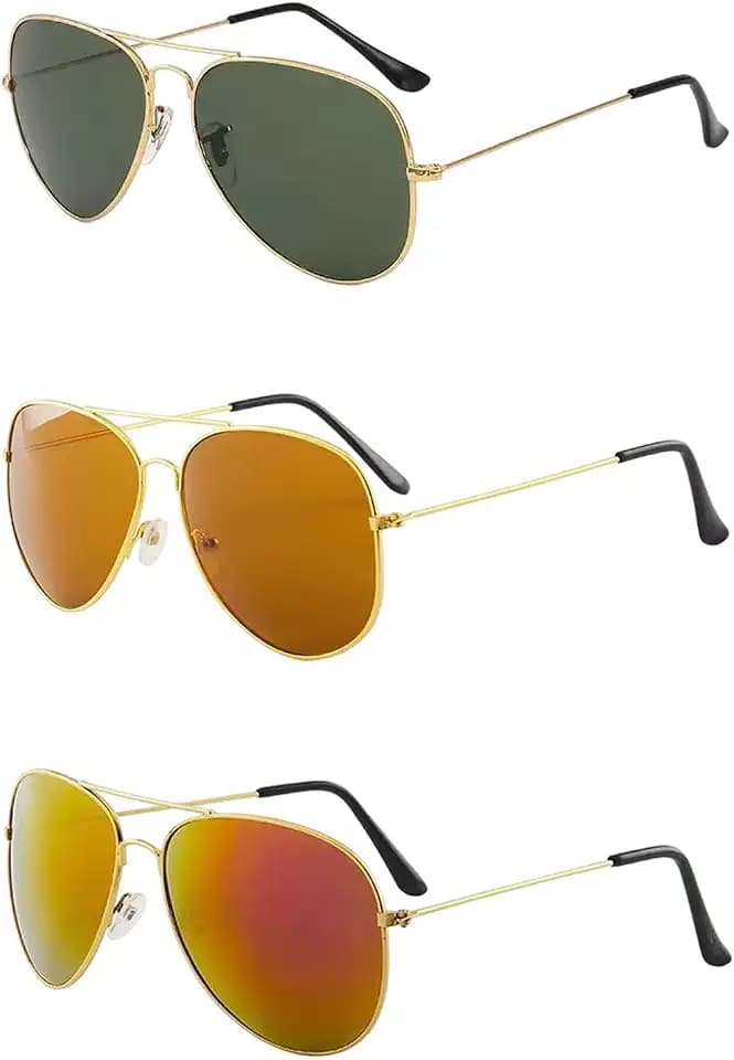 Pilotenbrille Damen, 3 Pilotenbrillen Set mit Goldrahmen, Roter, Brauner und Grüner Gläser, Fliegerbrille für Damen und Herren, Stilvolle Pilot Sonnenbrille für Outdoor, Reisen und Mode