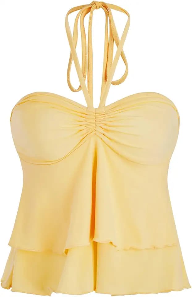 Milumia Women Peplum Halter Tops Y2k Ruffle Going Out Sexy Ruched Tube Tops