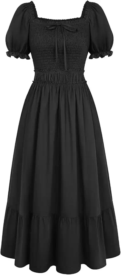 SCARLET DARKNESS Damen Renaissance Maxikleid Kurzarm Gesmokte Baumwollkleid Quadratischer Hals Lang Mittelalter Kleid mit Taschen
