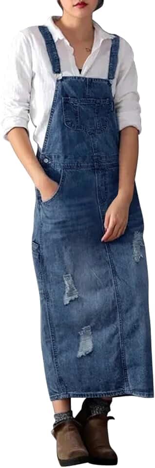 Klassische Damen-Jeans-Röcke, Vintage-Stil, lang, gewaschen, Used-Look, Röcke, gerissene Löcher, Latzhose, Overall