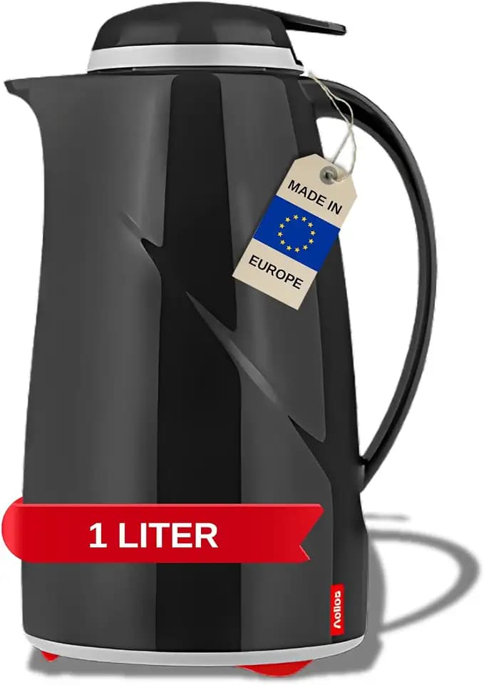 Helios Wave Push Thermoskanne Schwarz 1L – 6h heiß - Hält Getränke warm & kalt - Einfache Einhandbedienung - Spülmaschinenfest – Ergonomischer Griff