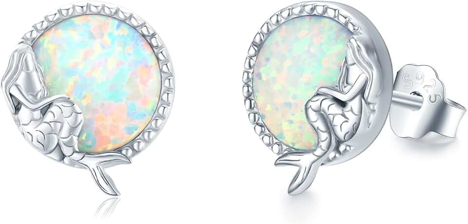 925 Sterling Silber Ohrstecker Opal Kristall Mondstein Meerjungfrau Ohrringe Hypoallergen klein Meerjungfrau Schmuck für Damen