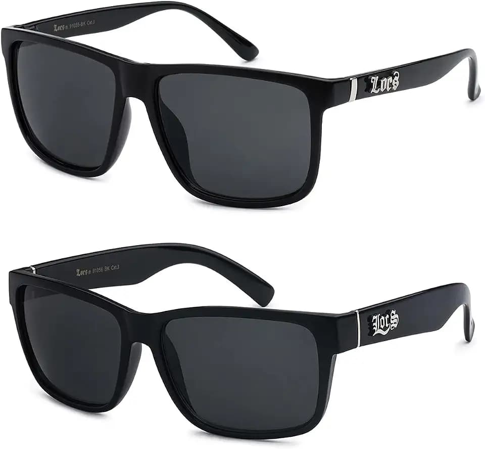 LOCS Hardcore Shades 2 Pack CLASSIC LOCS Black Sunglasses | Mens Gangster Rectangular Cholo Lowrider Shades, 91055 + 91070