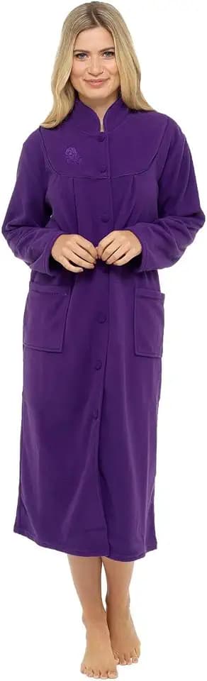 Damen-Bademantel aus Fleece, Größen 38 bis 54, Wickel-Bademantel mit Knöpfen vorne und Taschen