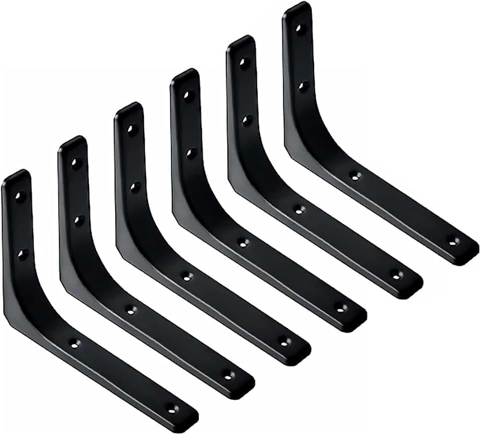Metal Shelf Brackets,6 PCS Heavy Duty L Angle Brackets 8 x 6 Inch ,Wall Mounted Industrial Metal L Brackets for Shelves,Hardware Decorative Wall Hanging Supports for Floating Storage Shelf,Black