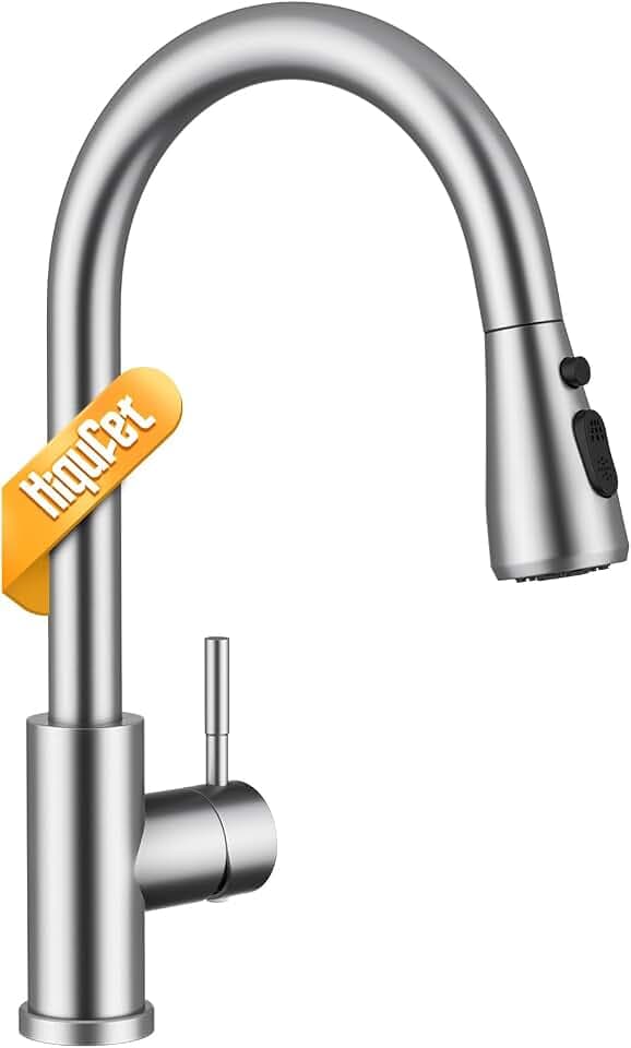 Hiqufet Küchenarmatur, Ausziehbarer Wasserhahn mit Edelstahl-Sprühbrause und 3 Sprühfunktionen, 360° schwenkbar, Einhebelmischer, Gebürstetes Nickel