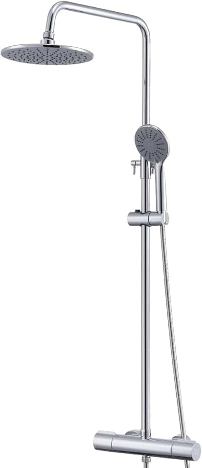 Auralum Duschsäule mit Thermostat-Mischbatterie, Duscharmatur mit 9 Zoll (22,7 cm), Duschkopf und Handbrause, 3 Strahlarten, Chrom