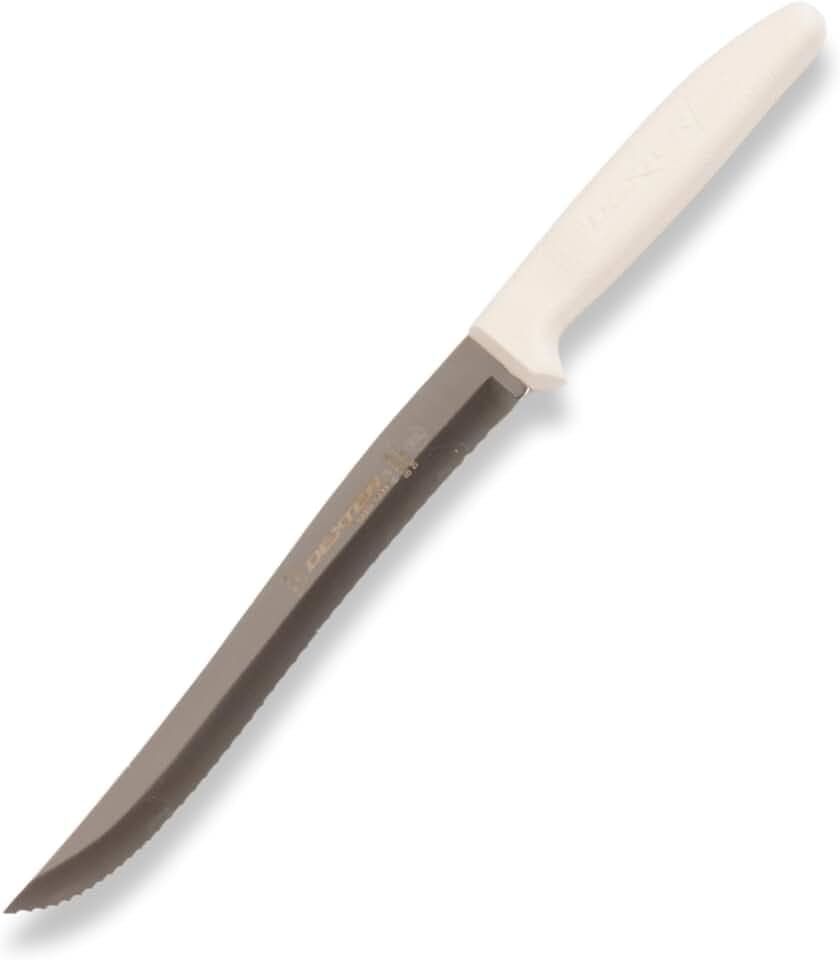 Dexter Russell S158SC-PCP Sani-Safe 13483 Utility Slicer, 8" Scalloped Edge Stamped High Carbon Stain-Free Steel Blade, Textured Polypropylene White Handle, Serrated Kitchen Knife, NSF Certified
