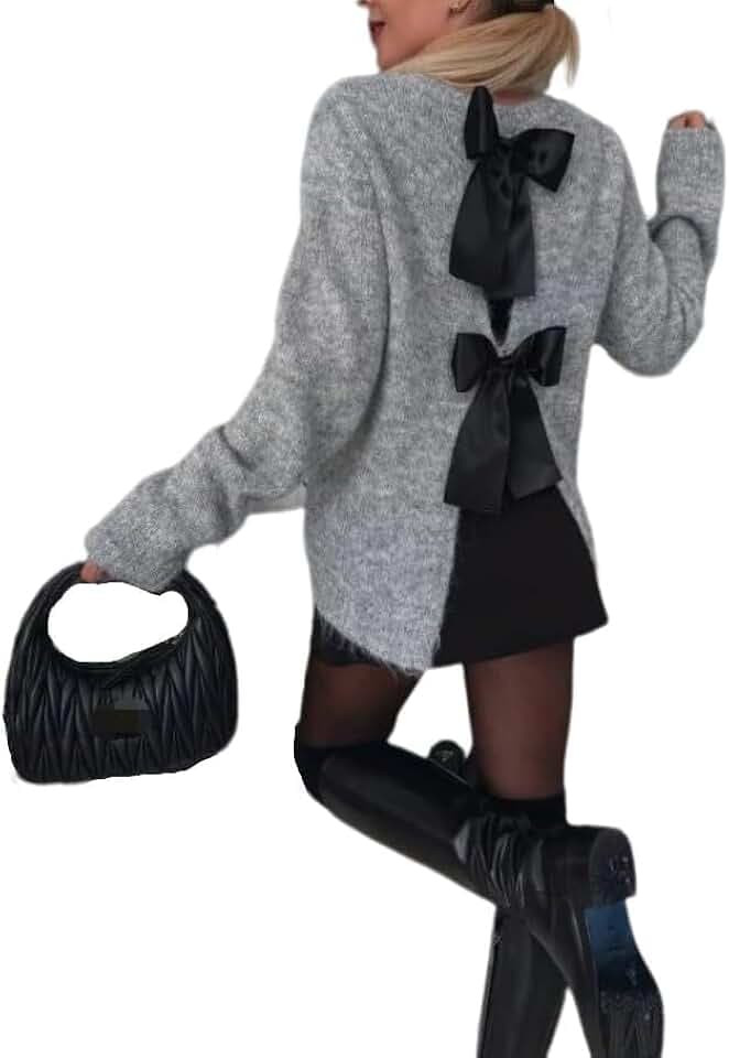 Chvity Women's Y2K Back Tie Knot Crew Neck Long Sleeve Knit Sweater Bow Open Back Pullover Trendy Casual Fall Sweater