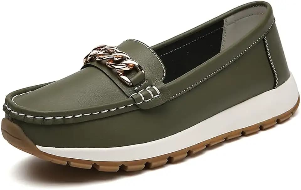 Women's Chunky Loafers for Women Comfortable Slip On Moccasins Lightweight Walking Driving Shoes with Gold Chain