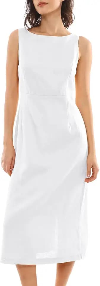 Amazhiyu Women's 100% Linen Sleeveless Midi Dress with Slit