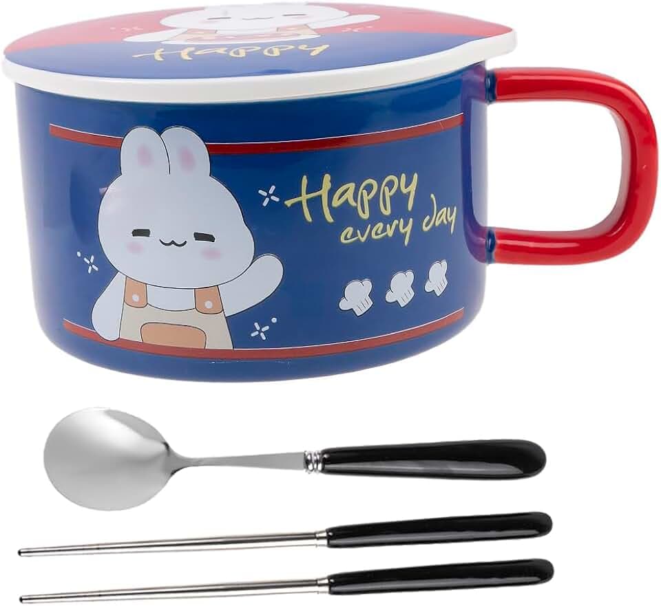 lachineuse - Sofortige Nudelschüssel – asiatische Ramenschale – Porzellan – Motiv Kaninchen – 1000 ml – Deckel & Besteck – Frühstück, Suppe, Reis – Geschenkidee Asien Japan China – Dunkelblau