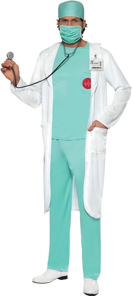 Smiffys, Herren Doktor Kostüm, Oberteil, Hose, Haube, Mundschutz, Klares Namensschild und Kittel, Größe: L, 39482