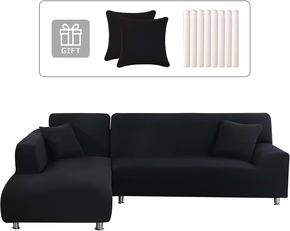 Lydevo Sofabezug Ecksofa L Form Sofa Überwürfe Stretch Sofabezug L Form Rechts oder Links mit Zwei Kissenbezügen Waschbar Universal-Couchbezug L Form Sofa Cover L Shape(2 Sitzer+2 Sitzer,Schwarz)