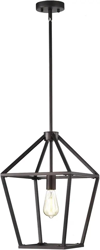 1-Light 12" Wide Farmhouse Chandelier Lantern, Oil Rubbed Bronze Cage Pendant Over Island, Adjustable Height Lamp with Rods for Kitchen Island, Dining Room, Foyer, Dry Location
