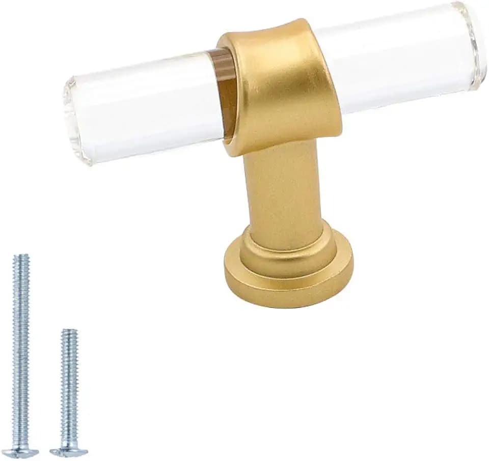 Goldenwarm Acrylic Cabinet Knobs, Clear Glass Cabinet Hardware 5 Pack Single Hole Drawer Handles Gold Finish Dresser Pulls Kitchen Cupboard Closet Handles Decorative Bathroom Hardware