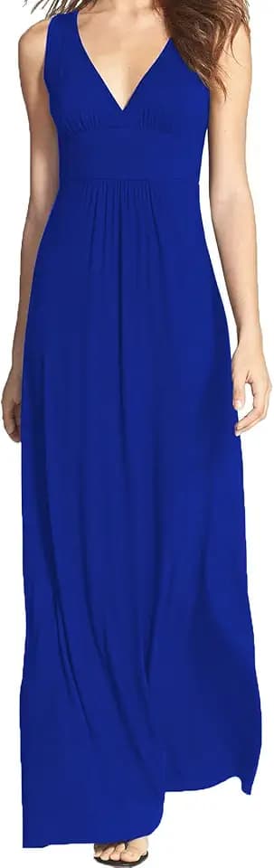 WOOSEA Women Sleeveless Deep V Neck Loose Plain Long Maxi Casual Dress