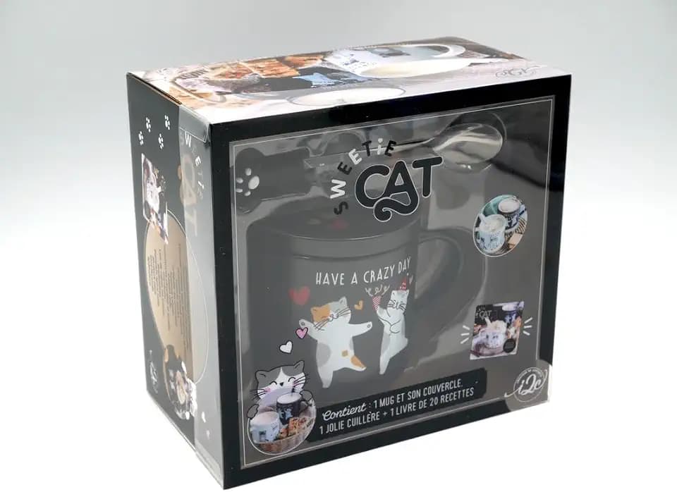 NOIR MAT SWEETIE CAT: Coffret avec 1 mug et son couvercle, 1 jolie cuillère, un livre de 20 recettes