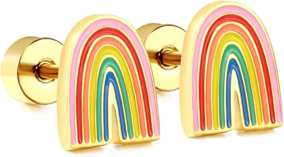 20g Rainbow Flat Screw Back Small Stud Earrings for Women Minimalist Cute Surgical Steel Colorful Enamel Sleeper Tiny Mini Studs for Bff Christmas