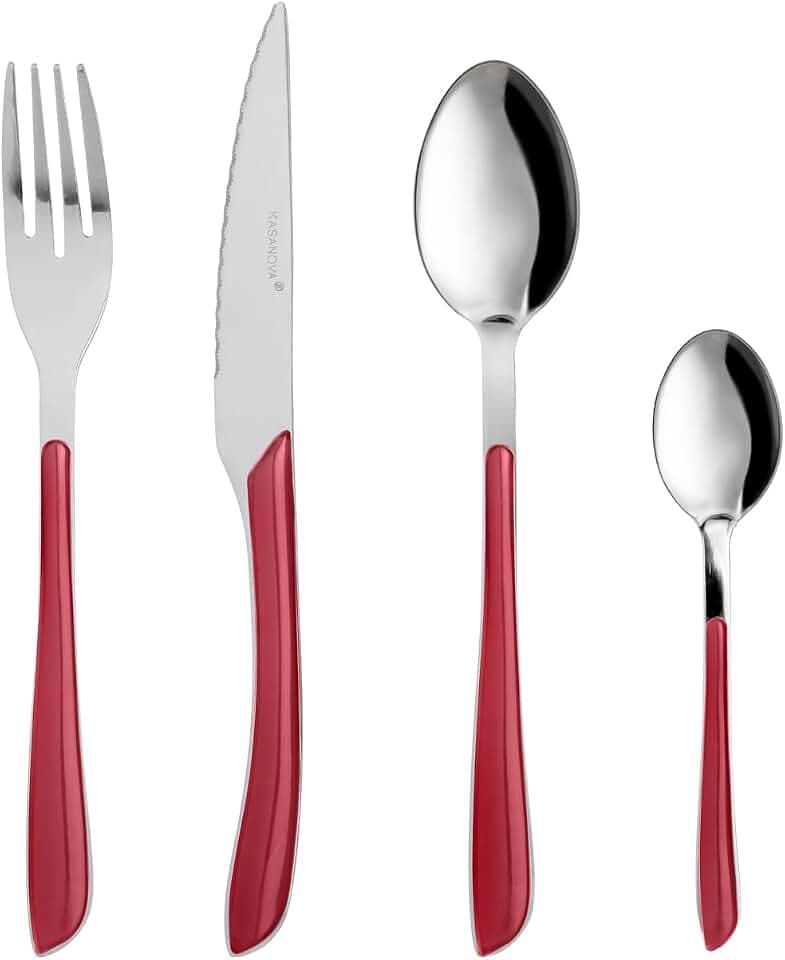 KASANOVA Afrodite Besteckset, Tafelbesteck-Set, 24-teiliges Edelstahl-Besteckset, Edelstahlbesteck (Rot)