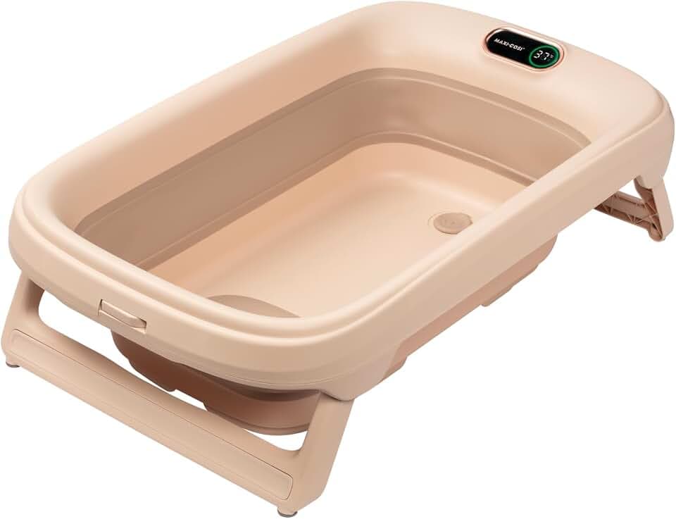 Maxi-Cosi Indigo Faltbare Badewanne Baby, 0-4 Jahre, Geräumige Mobile Badewanne Kleinkind, Integriertes HighSense Thermometer, Rutschfest, Klappbarer Hängehaken, Flach Faltbar, Muted Terra