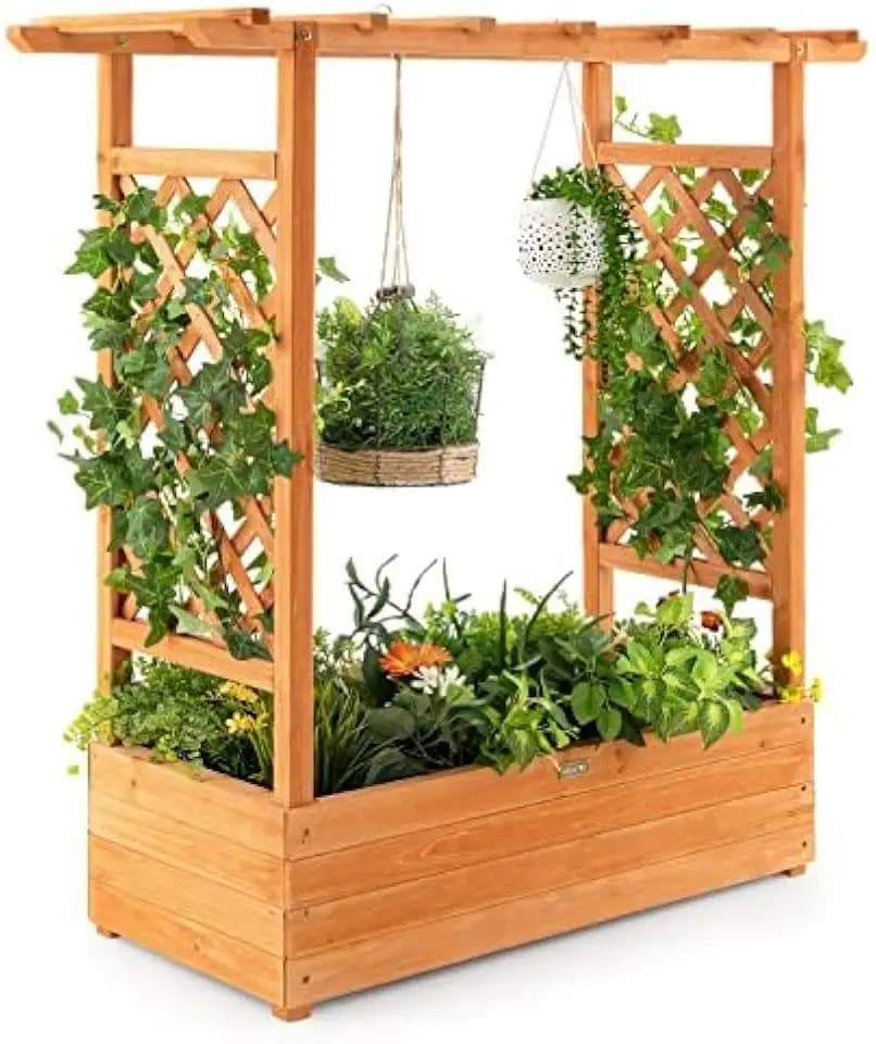 FANTASK Hochbeet mit Rankgitter & hängendem Dach, Pflanzkasten mit Rankhilfe, Blumenkasten für Kletterpflanzen & hängende Körbe 110 x 44 x113.5cm, Orange