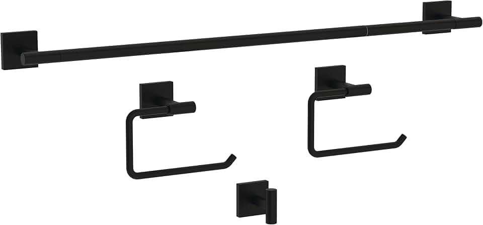 Franklin Brass NASH64-MB Nash 4-teiliges Bad-Hardware-Set, 45,7 cm, Handtuchstange mit Verlängerung, Toilettenpapierhalter, Handtuchhalter, Handtuchhaken in Mattschwarz