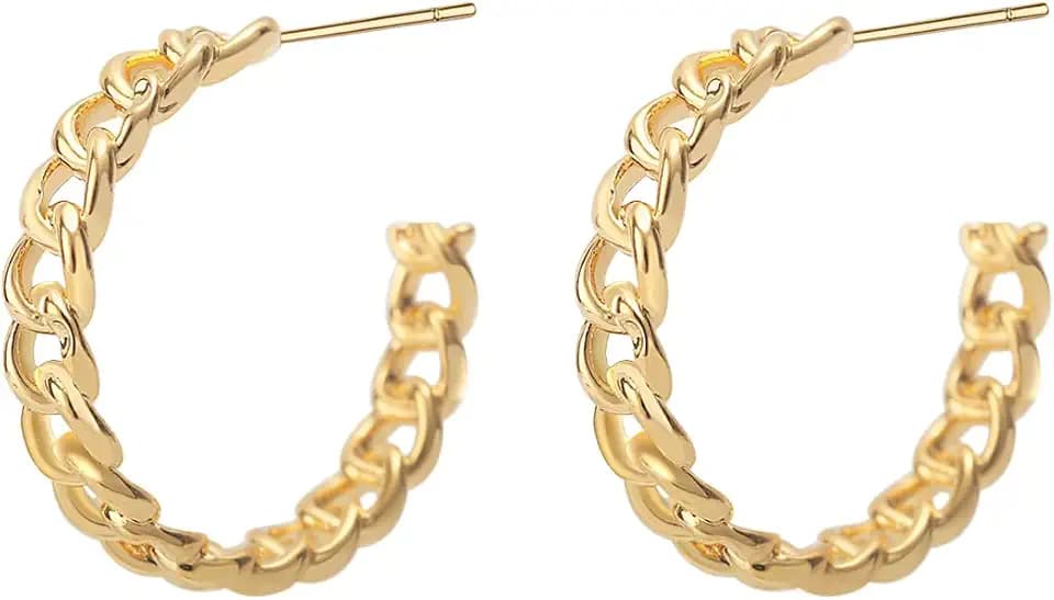 Hoop Earrings for Women - Chain Hoop Earrings in 14K Gold - Link Hoop Stud Earrings