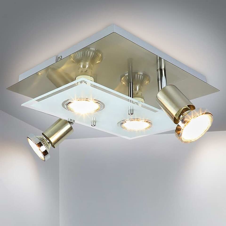 Depuley Moderne LED-Deckenleuchte, 4 Spots, 2 schwenkbar, flexibel, quadratisch, Deckenstrahler, Metall, Nickel-Sand, Innenbeleuchtung 960 lm, für Wohnzimmer, Schlafzimmer