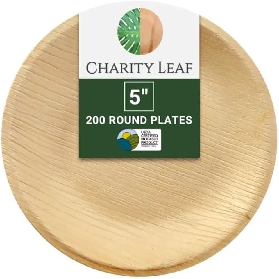 Charity Leaf Disposable Bamboo 5" Round Plates (200 pieces) Bamboo Serving Platters, Disposable Boards, Eco-Friendly Dinnerware For Weddings, Catering, Event