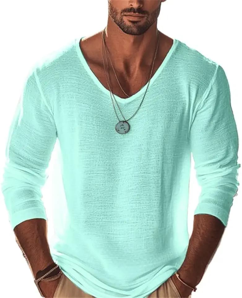 Men's T Shirt Long Sleeve Shirt V Neck Summer Spring Plain Basic Classic Vacation Street Going Out Black Tee for Men (Green,Large)