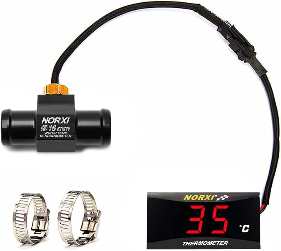 Motorrad-Wassertemperaturmessgerät, universelles digitales Wasserthermometer, Wassertemperaturanzeige für Rennfahrer, Roller, LED-Display, DC 12 V mit Temperatursensor-Adapter (16 mm, rot)