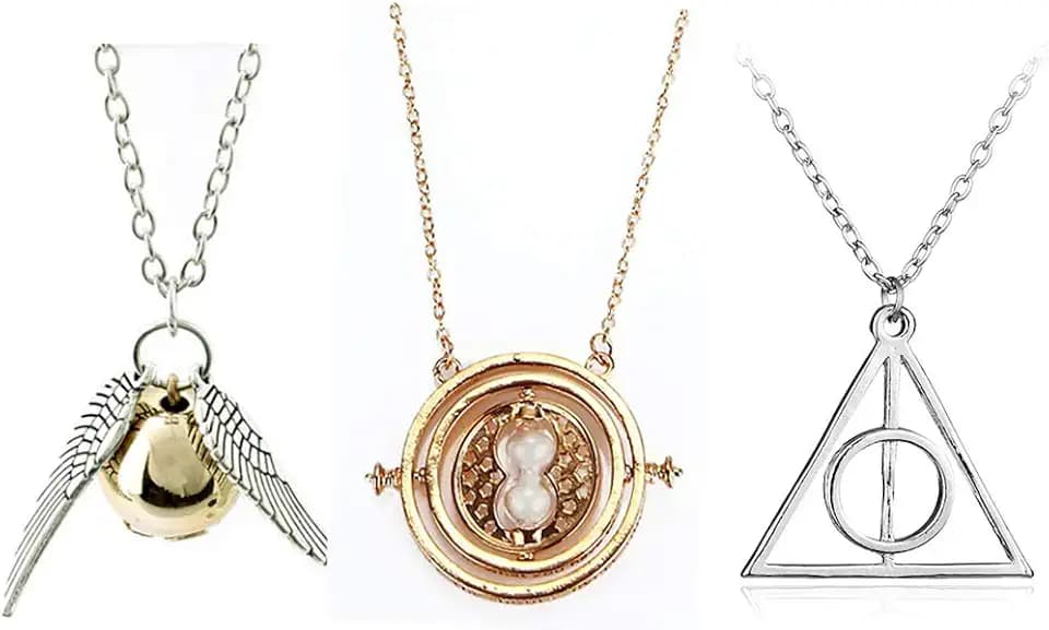 OPENDGO 3pcs Zeitumkehrer Kette Hermine Halskette Armband mit den Heiligtümern des Todes Golden Snitch Anhänger Halskette für Dekoration Sammlungen